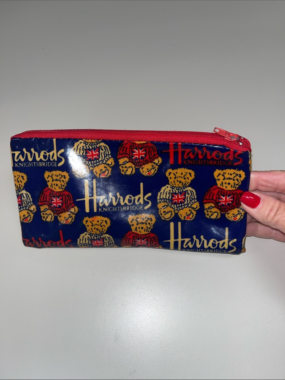 Harrods Navy Teddy Print Zip Mini Pouch with Red Trim